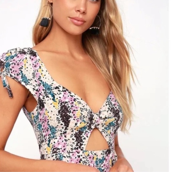 Free People Miss Right Cream & Purple Floral Print Mini Dress with Front Keyhole - Picture 3 of 12